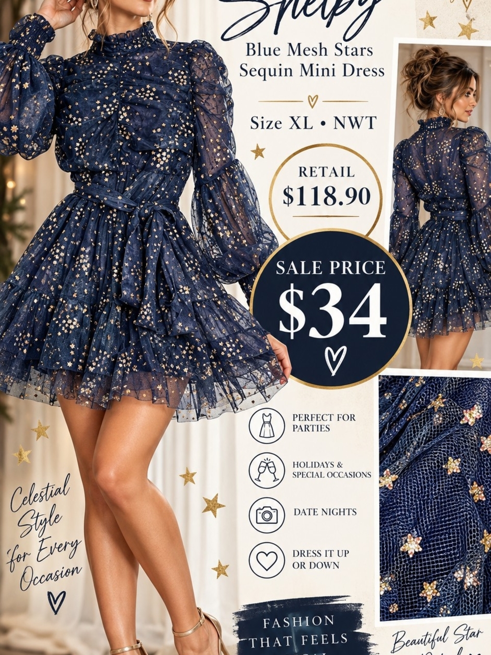 Selby Navy Star Mesh Mini Dress with Waist Tie